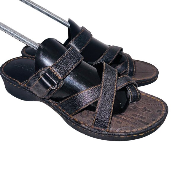 Autumn Run Leather Strappy Sandal Black 9 Cushion Comfort Wedge Adjustable Strap - Picture 1 of 10